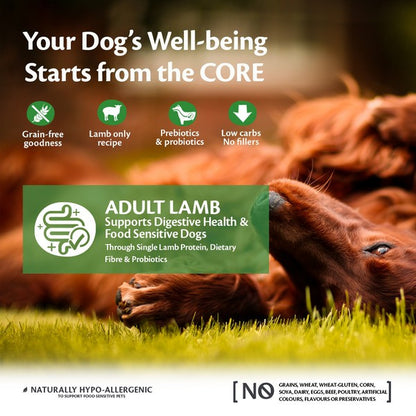 Dog lying on grass with text about dog food benefits and ingredients.
