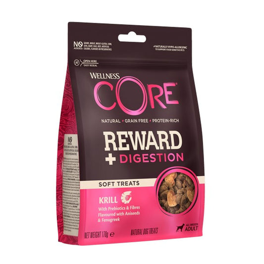 Wellness Core Reward + Digestion soft treats package on a white background